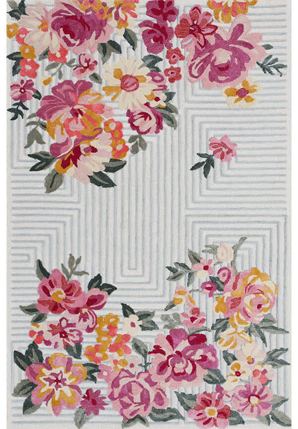 Whimsy floral-themed rug featuring bright colors and a sketch-like texture, showcasing spring meadow beauty.