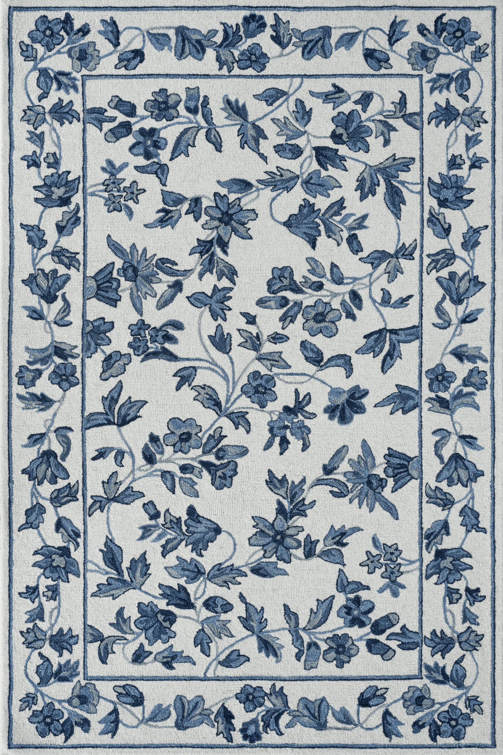 Azure Bloom Rug featuring delicate blue vines and flowers on a soft ivory background, ideal for elegant home decor.