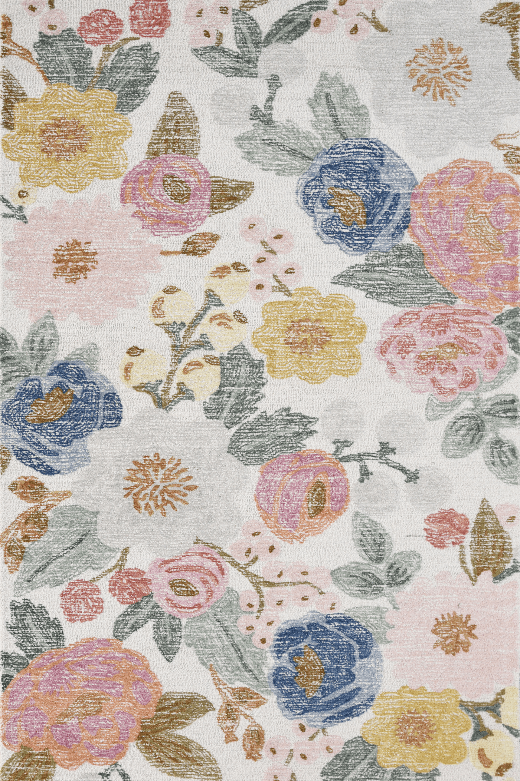 Bloomfield Rug featuring pastel floral designs in blush, blue, and marigold on a warm ivory background.