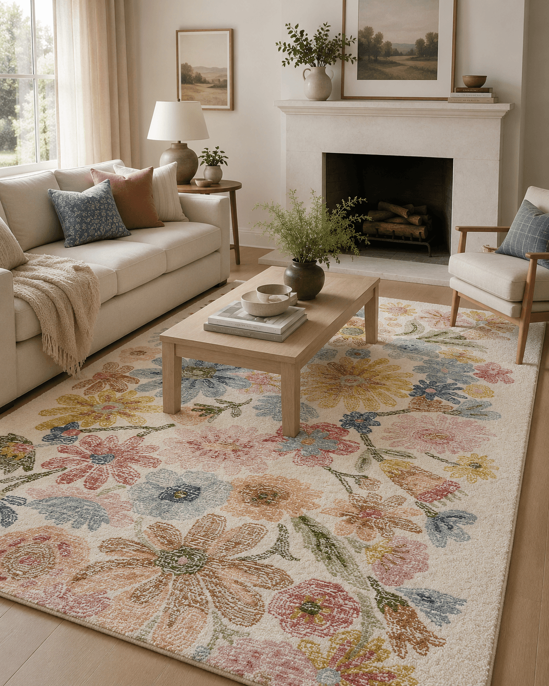 Daisy Whimsy hand-tufted rug featuring colorful floral designs in a cozy living room setting.